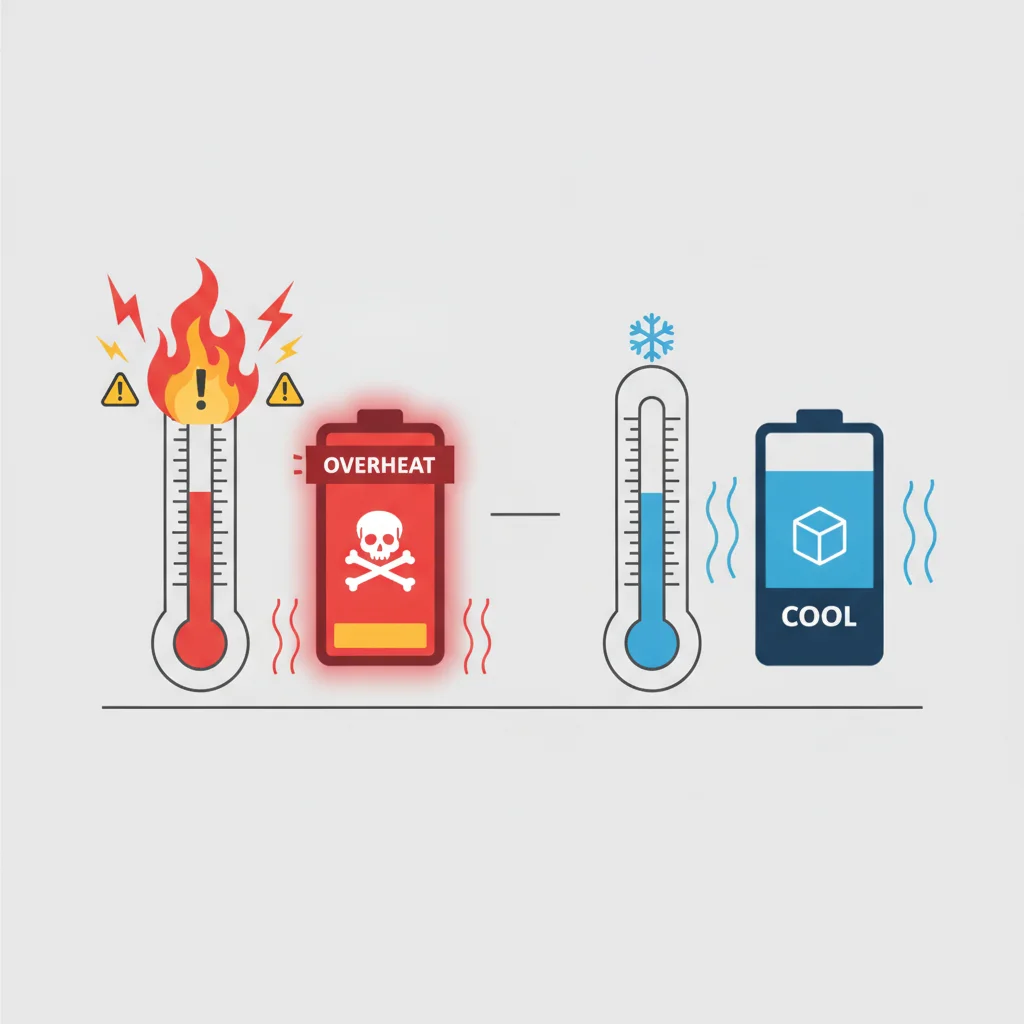 Illustration contrasting thermal stability of two battery types, one overheating and one remaining stable