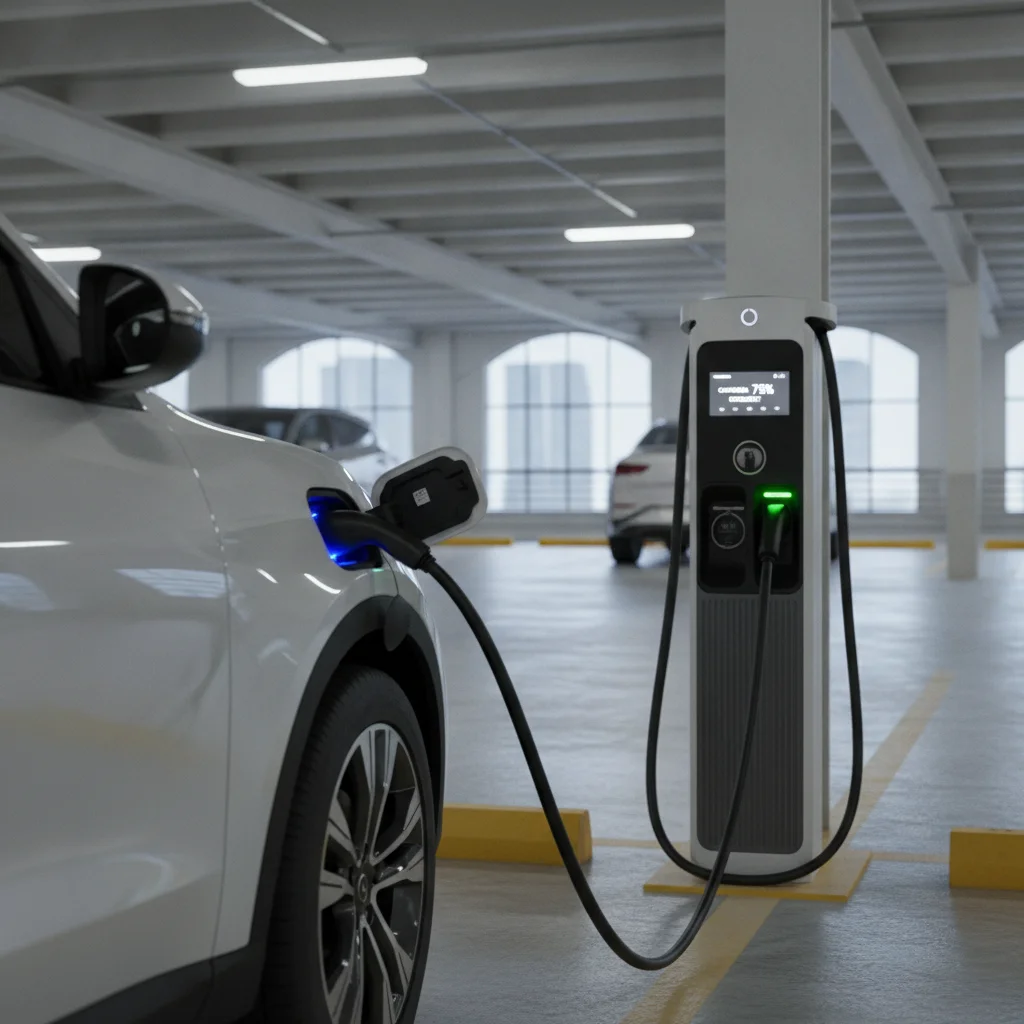 Electric vehicle plugged into a DC fast charger in a covered urban parking structure
