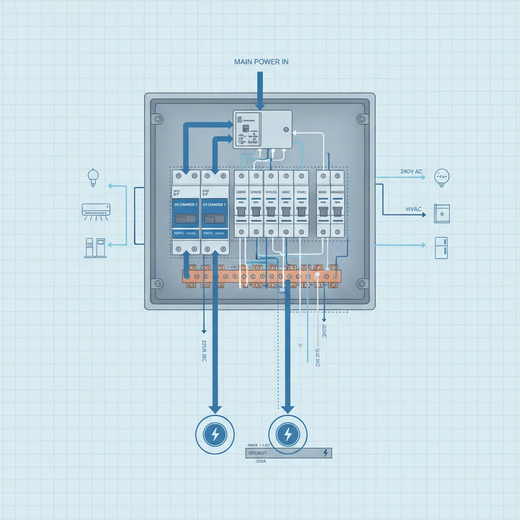 Home electrical panel diagram showing two EV charger circuit breakers and available amperage headroom