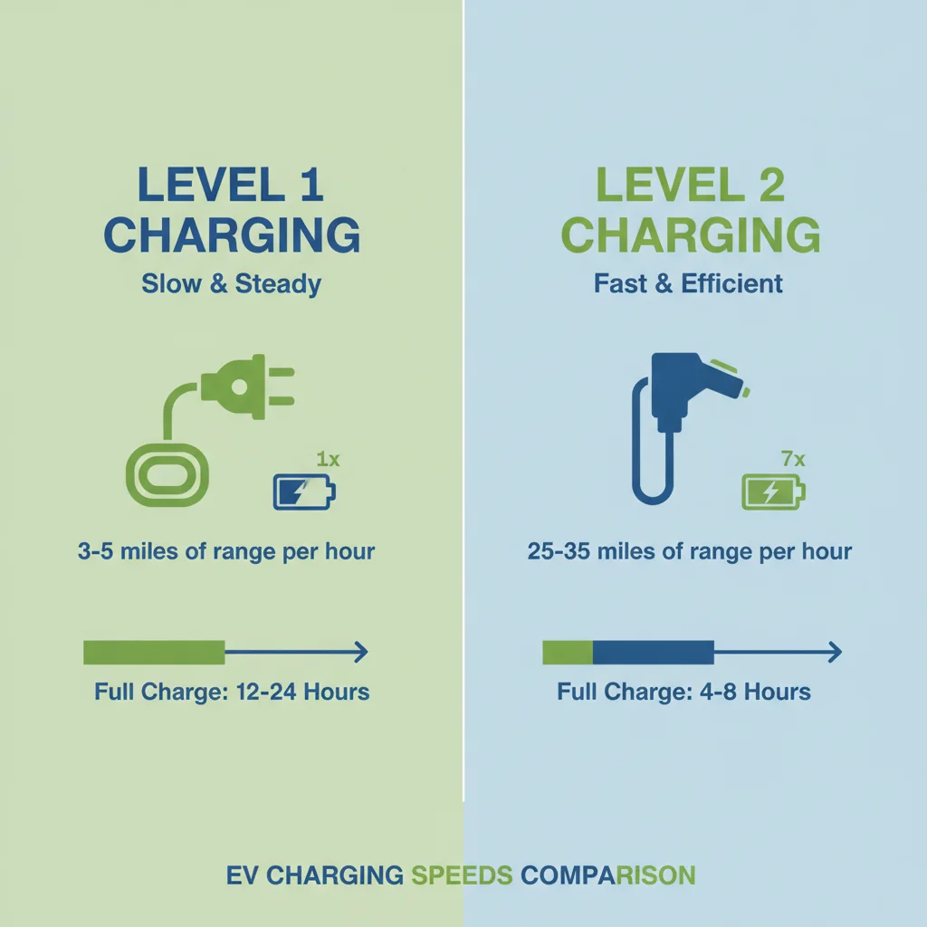 Comparison illustration of Level 1 versus Level 2 EV charging speeds and typical overnight range recovery