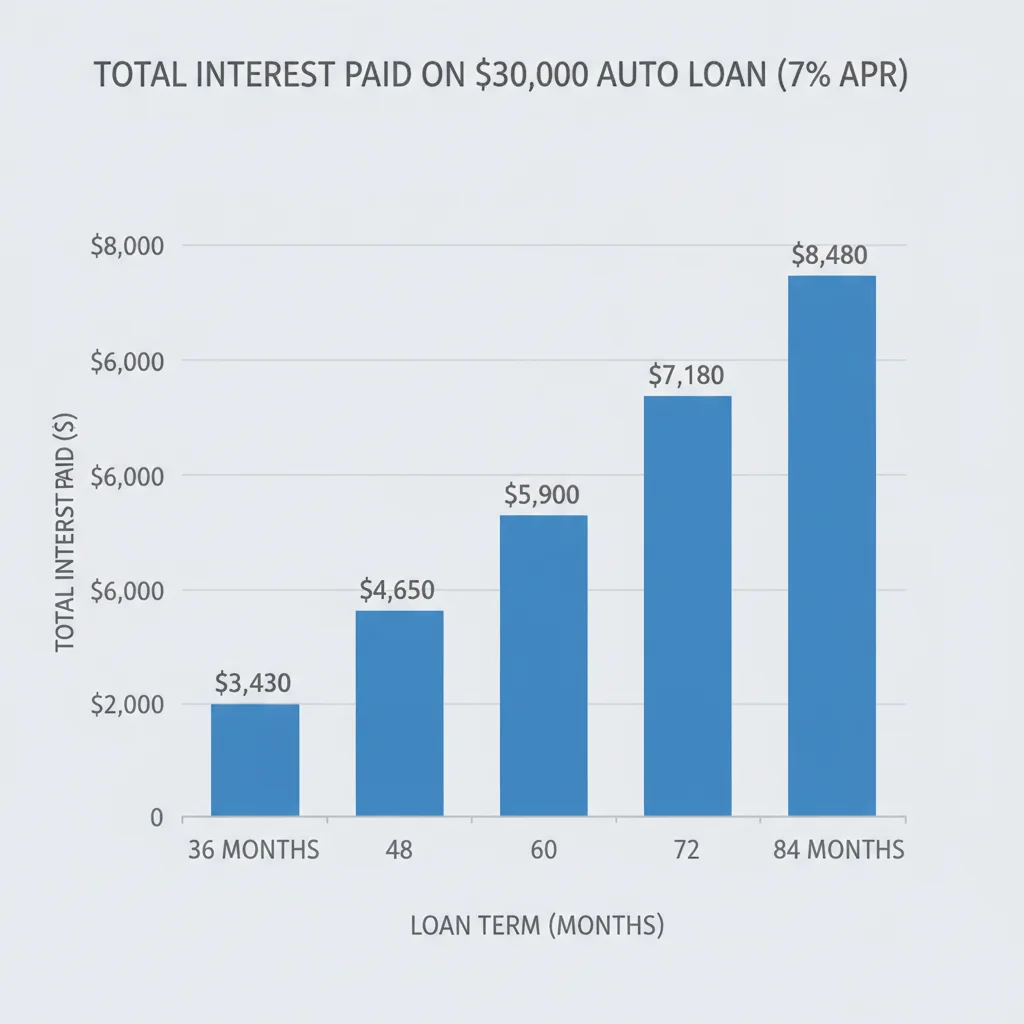 Bar chart showing total interest paid increasing from 36 to 84 month auto loan terms at 7% APR