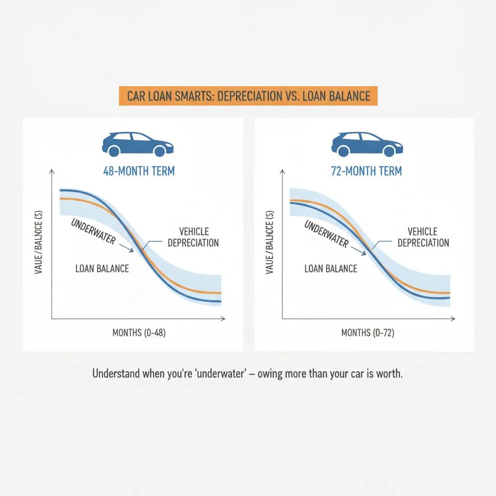 Diagram comparing vehicle depreciation and loan balance curves for 48-month versus 72-month auto loan terms
