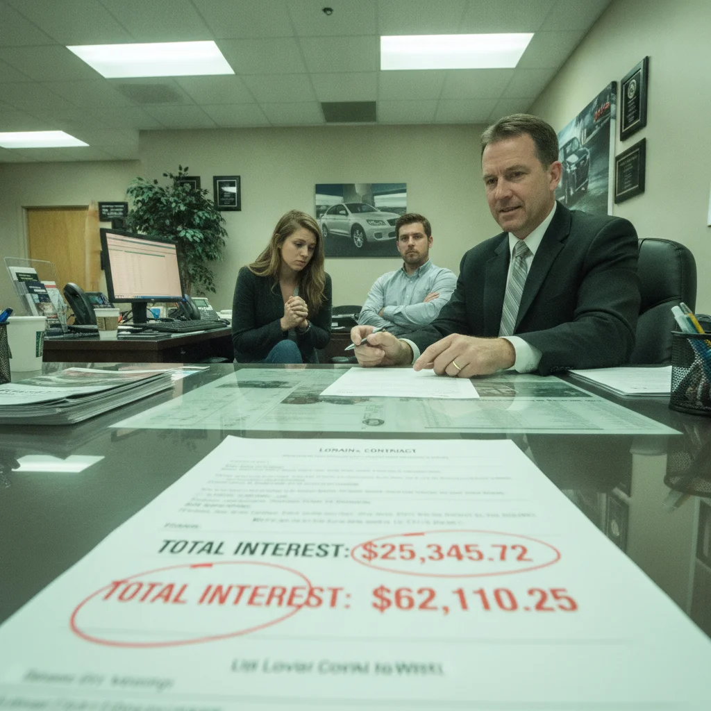 Auto loan contract on a dealership finance desk showing an 84-month loan term with highlighted interest figures