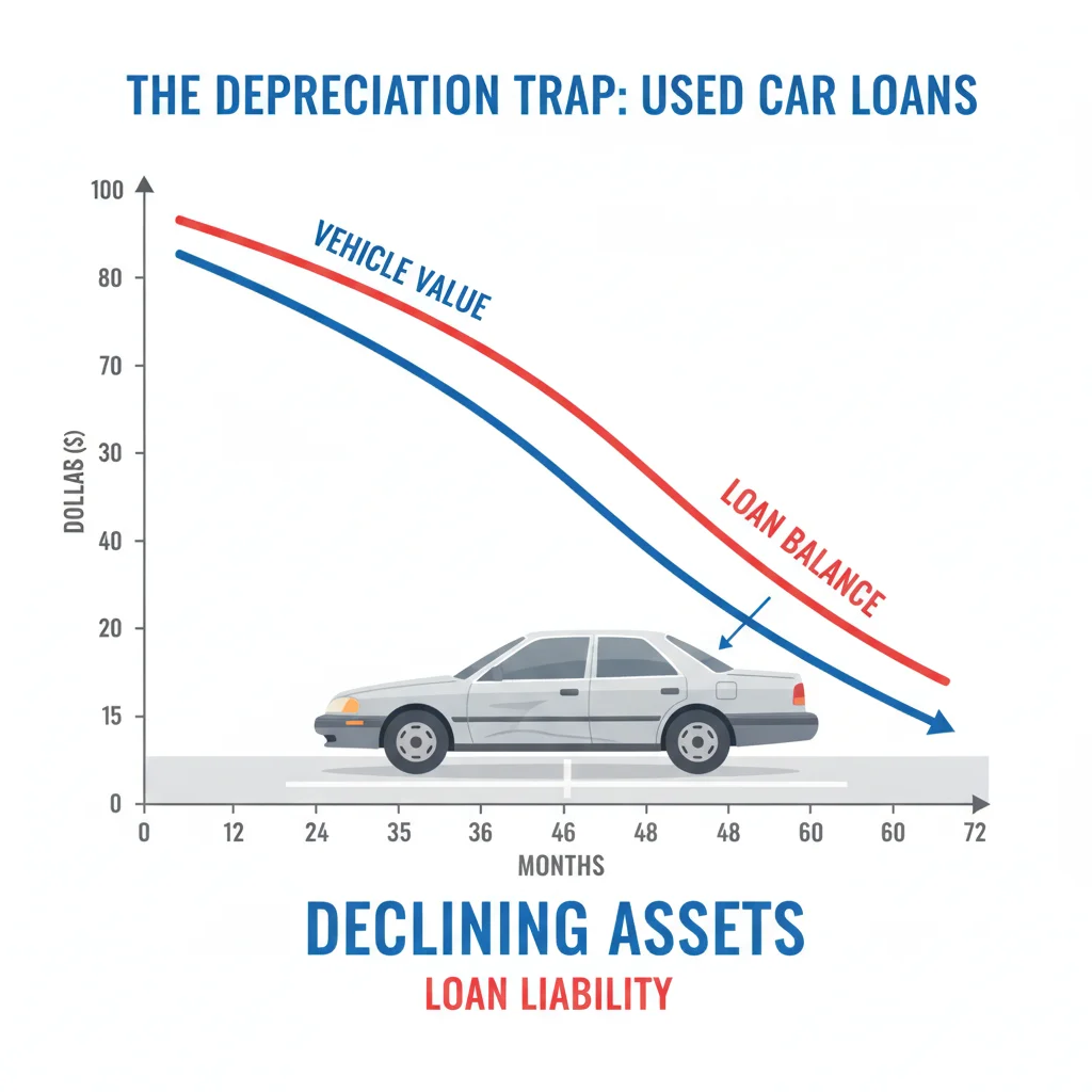 Graph showing vehicle depreciation curve outpacing loan balance reduction over a 72-month loan period