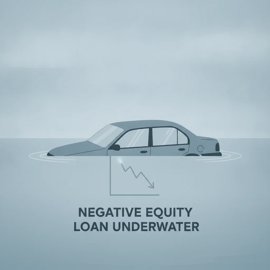 Conceptual illustration of a car partially submerged in water, symbolizing negative equity on an auto loan