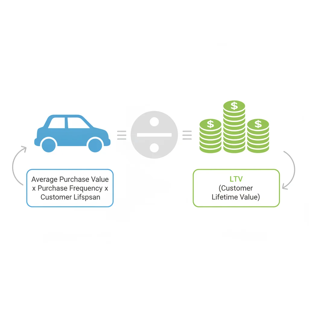 Infographic showing the LTV formula: loan amount divided by vehicle value equals LTV percentage