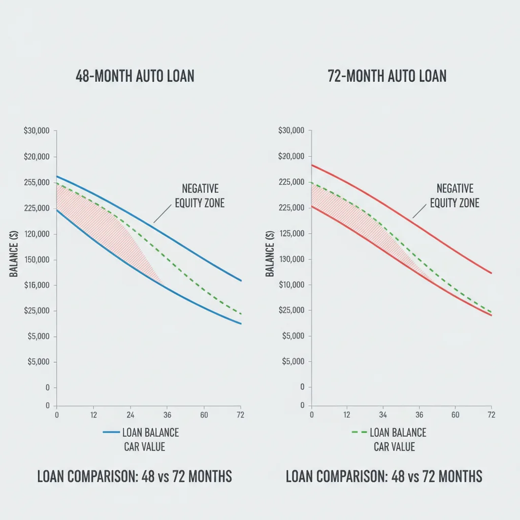 Chart comparing 48-month versus 72-month loan balance paydown against vehicle depreciation curve over time