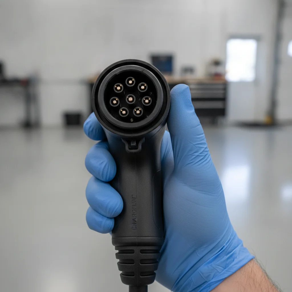 A hand inspecting an EV charging connector closely for signs of wear or heat damage.
