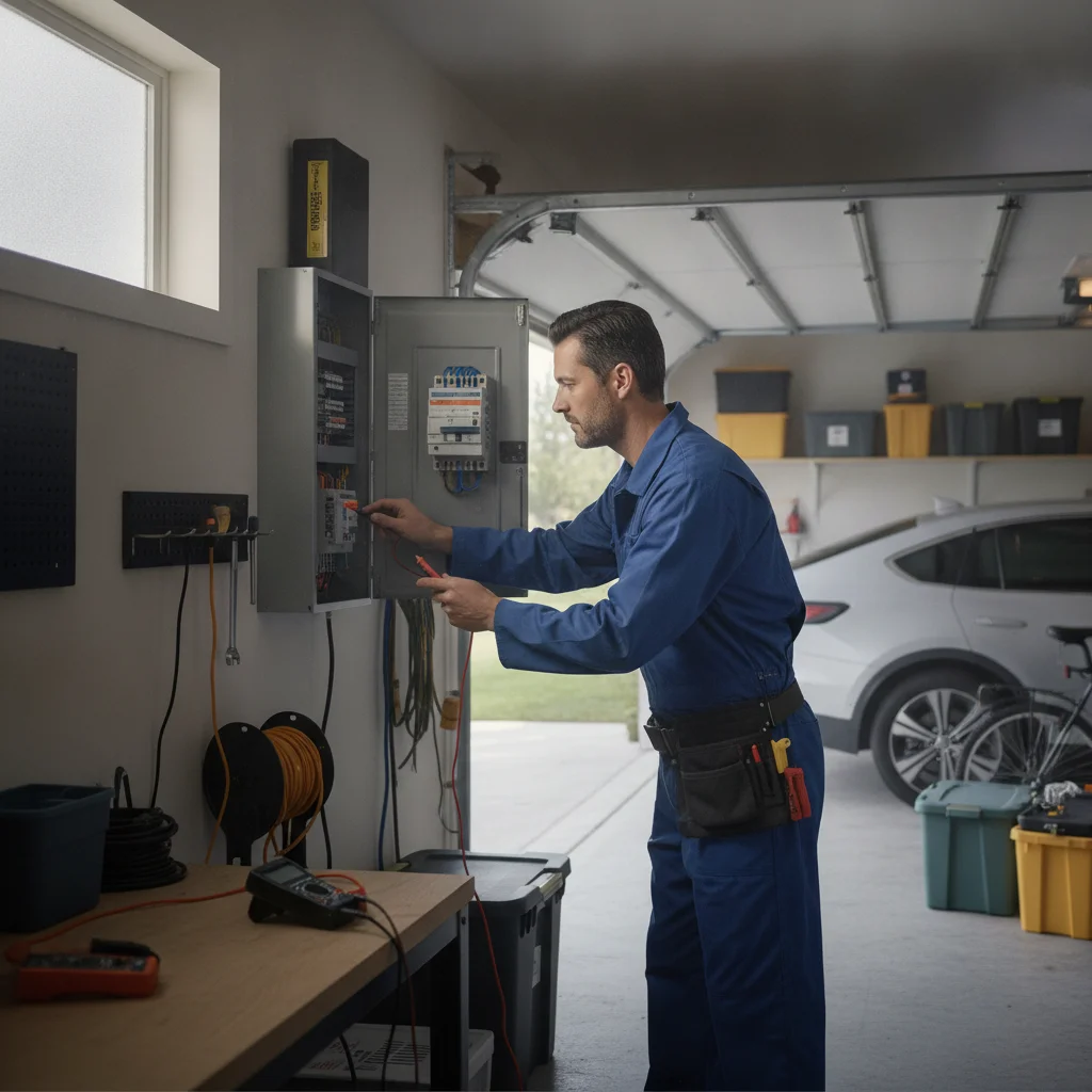 An electrician inspecting a residential electrical panel with a dedicated EV charging circuit breaker.