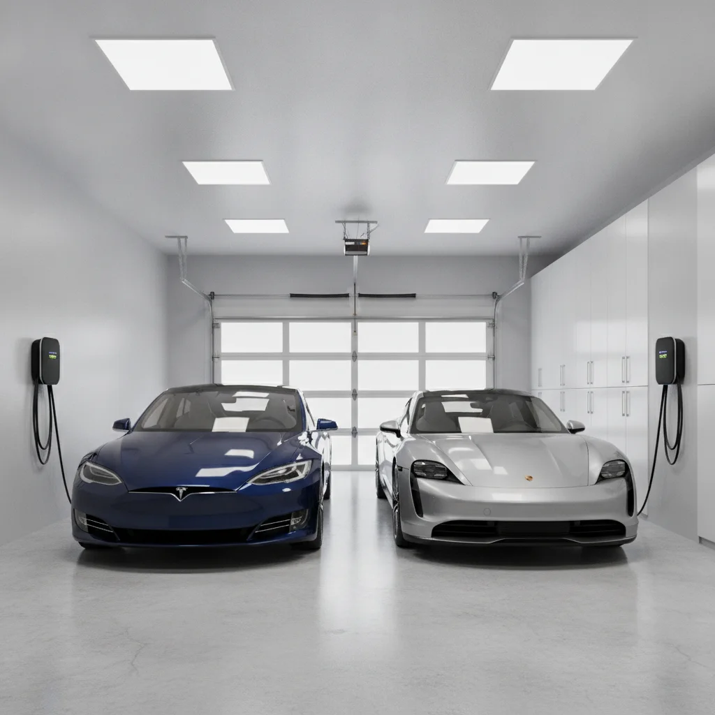 Two electric vehicles plugged into separate Level 2 chargers in a residential garage with organized cable management.