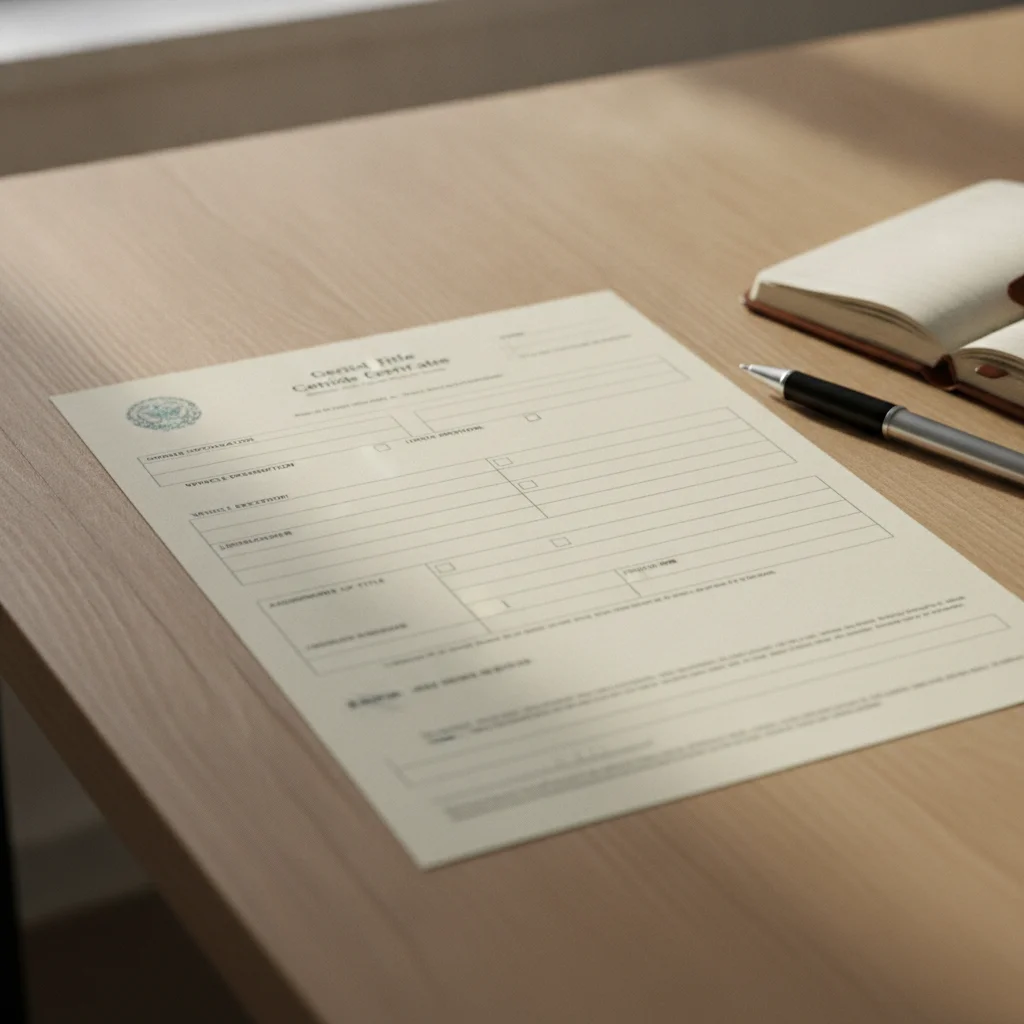 A blank vehicle title certificate document resting on a wooden desk with a pen beside it