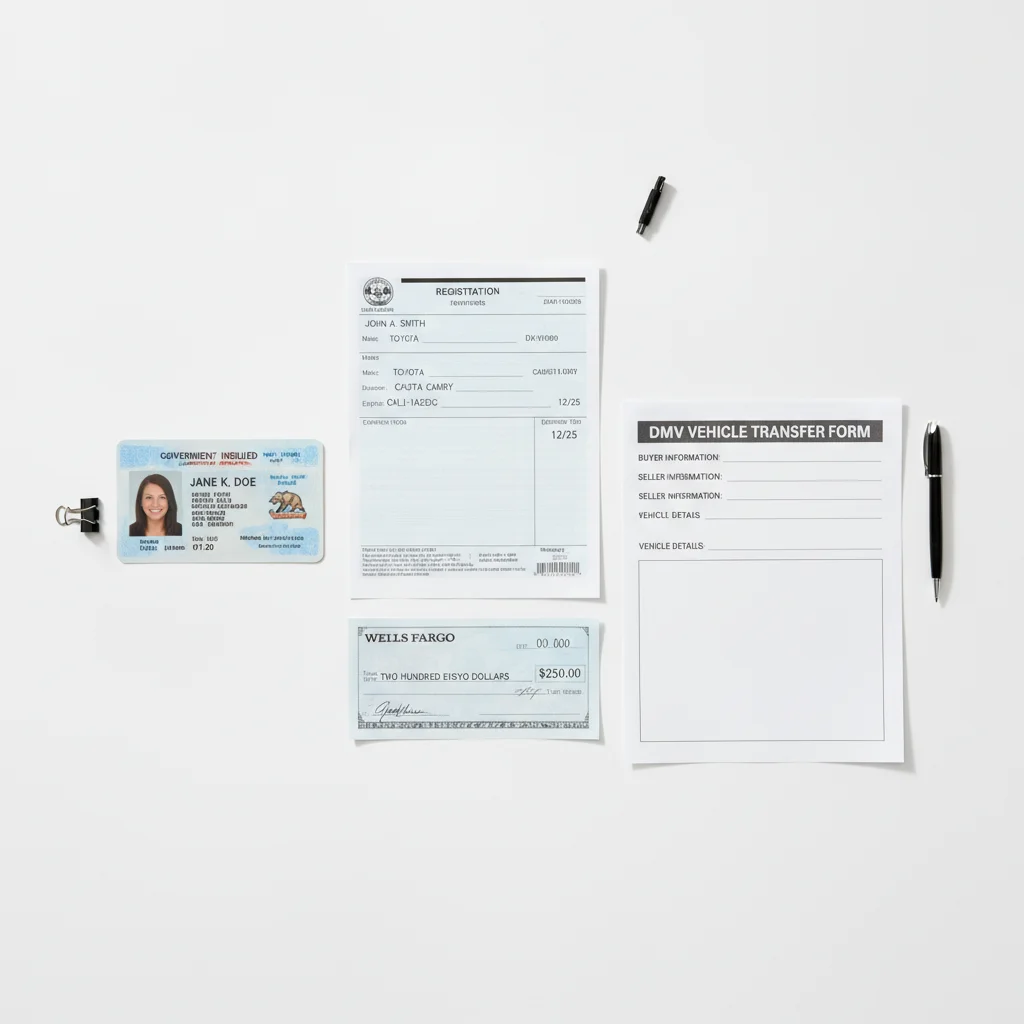 Overhead view of car documents including registration, ID, check, and blank DMV form arranged on a white surface