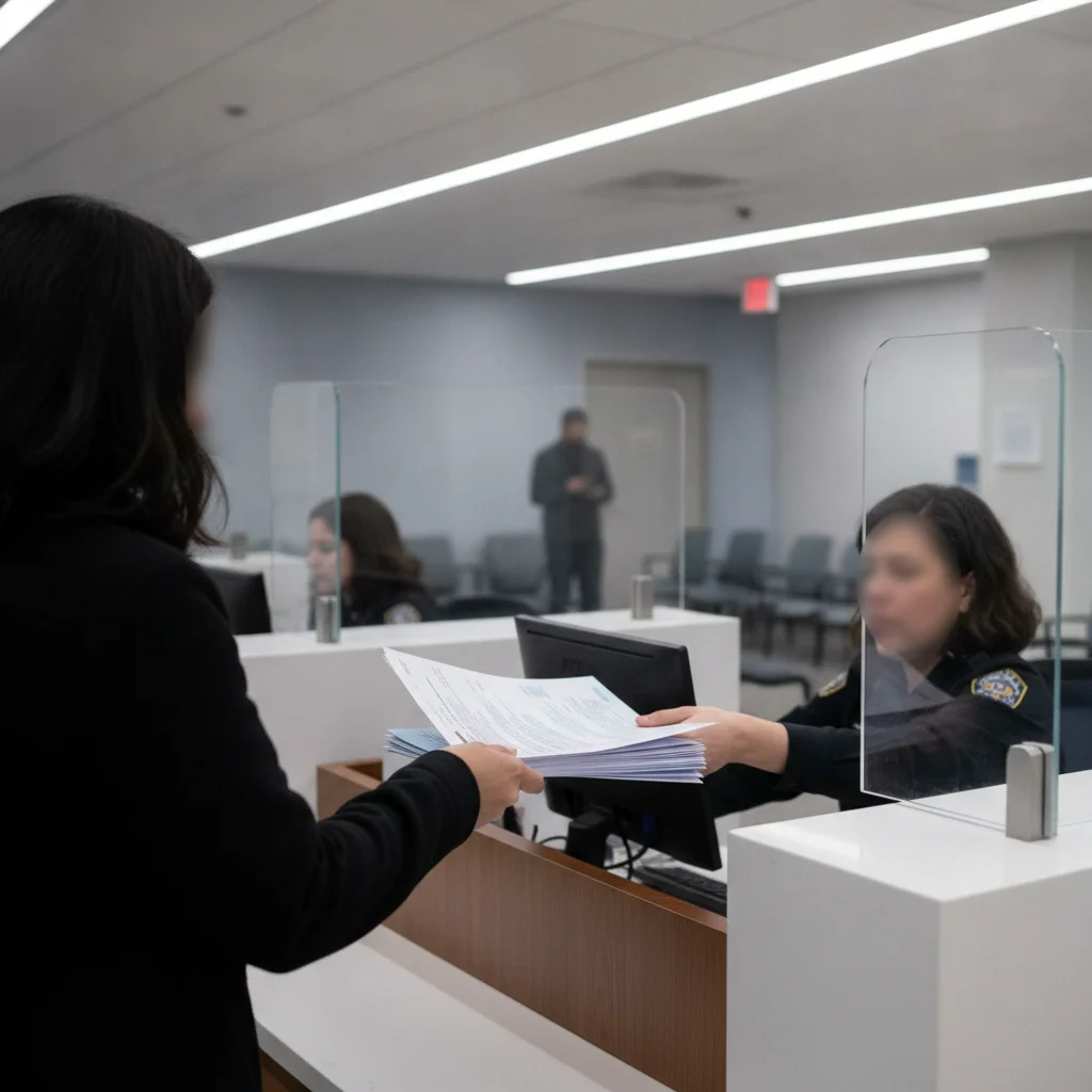 Person handing documents to a DMV employee at a service counter in a government office