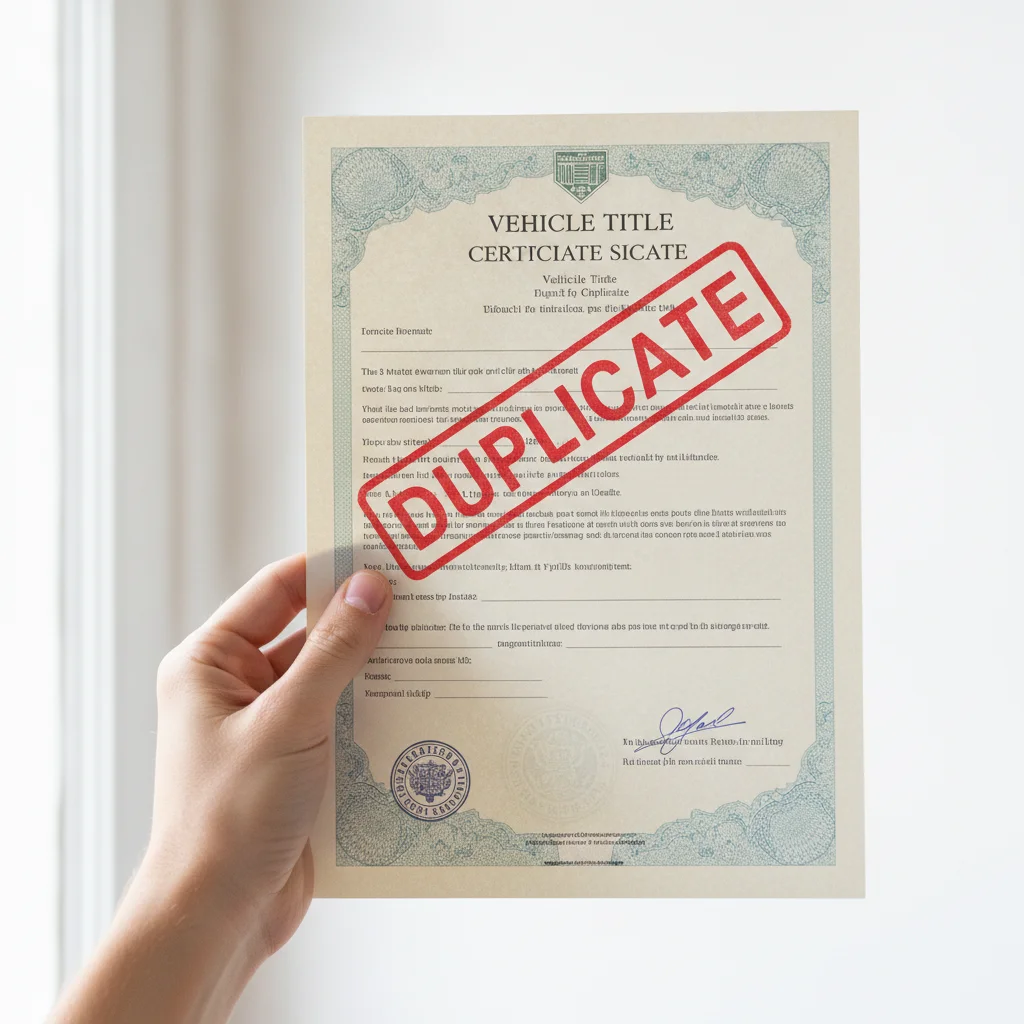 A hand holding a printed vehicle title certificate with the word DUPLICATE stamped in red across the top