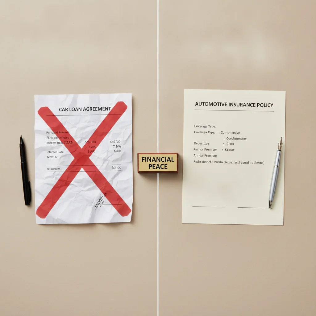 Car loan document crossed out next to an auto insurance policy showing coverage options