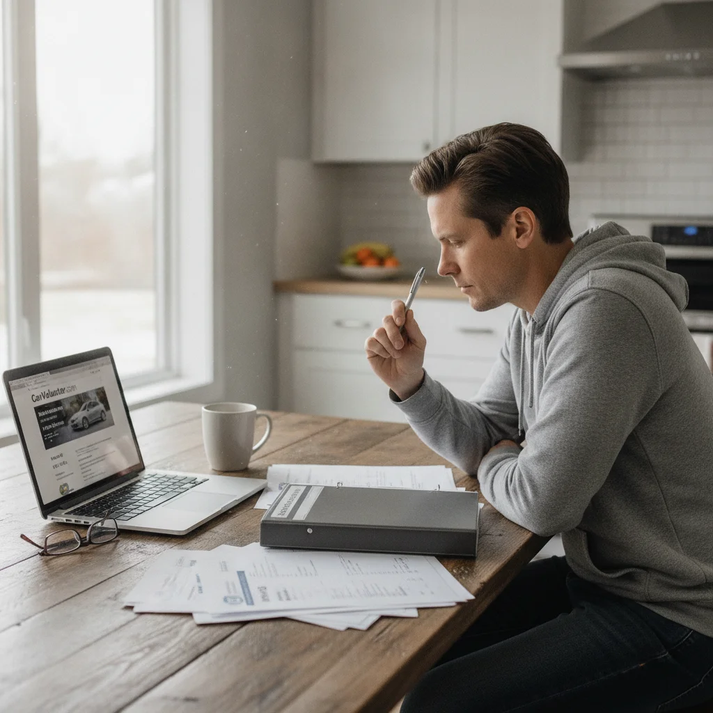 Person reviewing car insurance documents and vehicle valuation website on a laptop at home