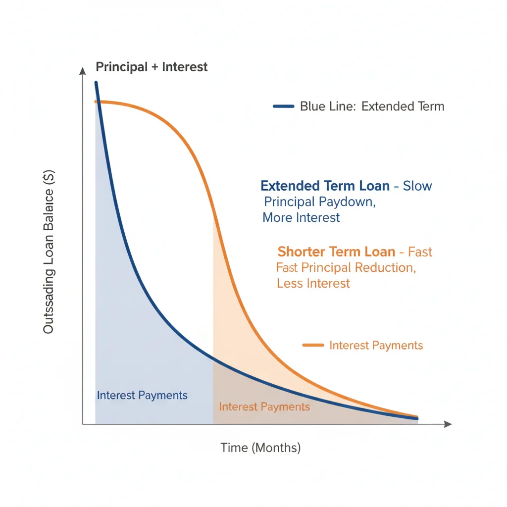 Amortization graph comparing principal and interest paydown curves for extended versus shortened loan terms