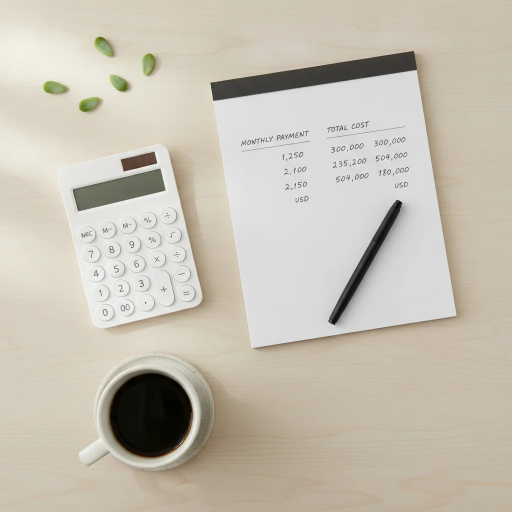 Calculator and notepad showing two-column comparison of monthly payment versus total loan cost calculations