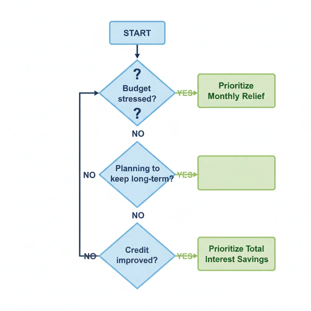 Decision flowchart helping borrowers determine whether to prioritize monthly payment reduction or total interest savings
