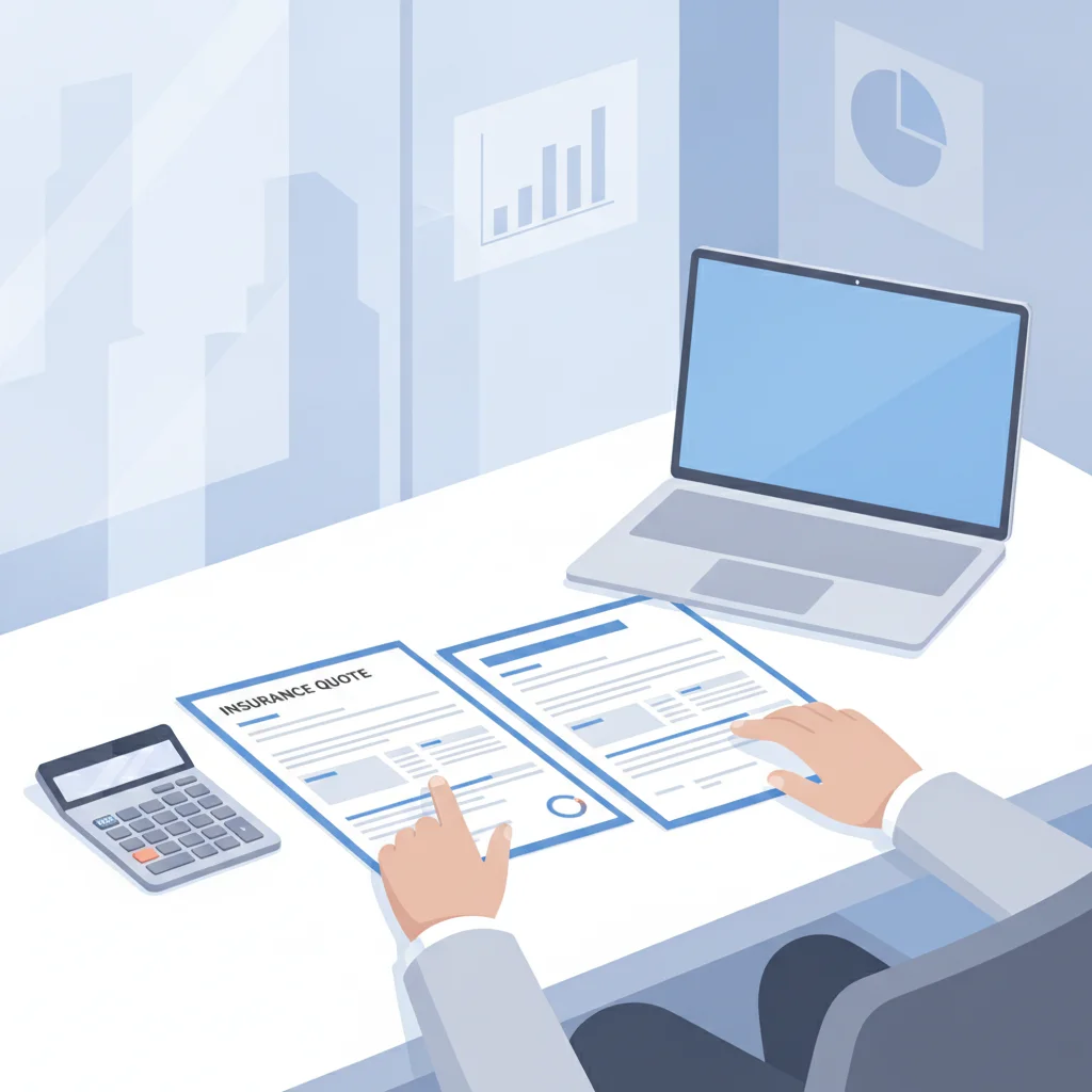 A person comparing two auto insurance quote documents side by side at a desk with a calculator.