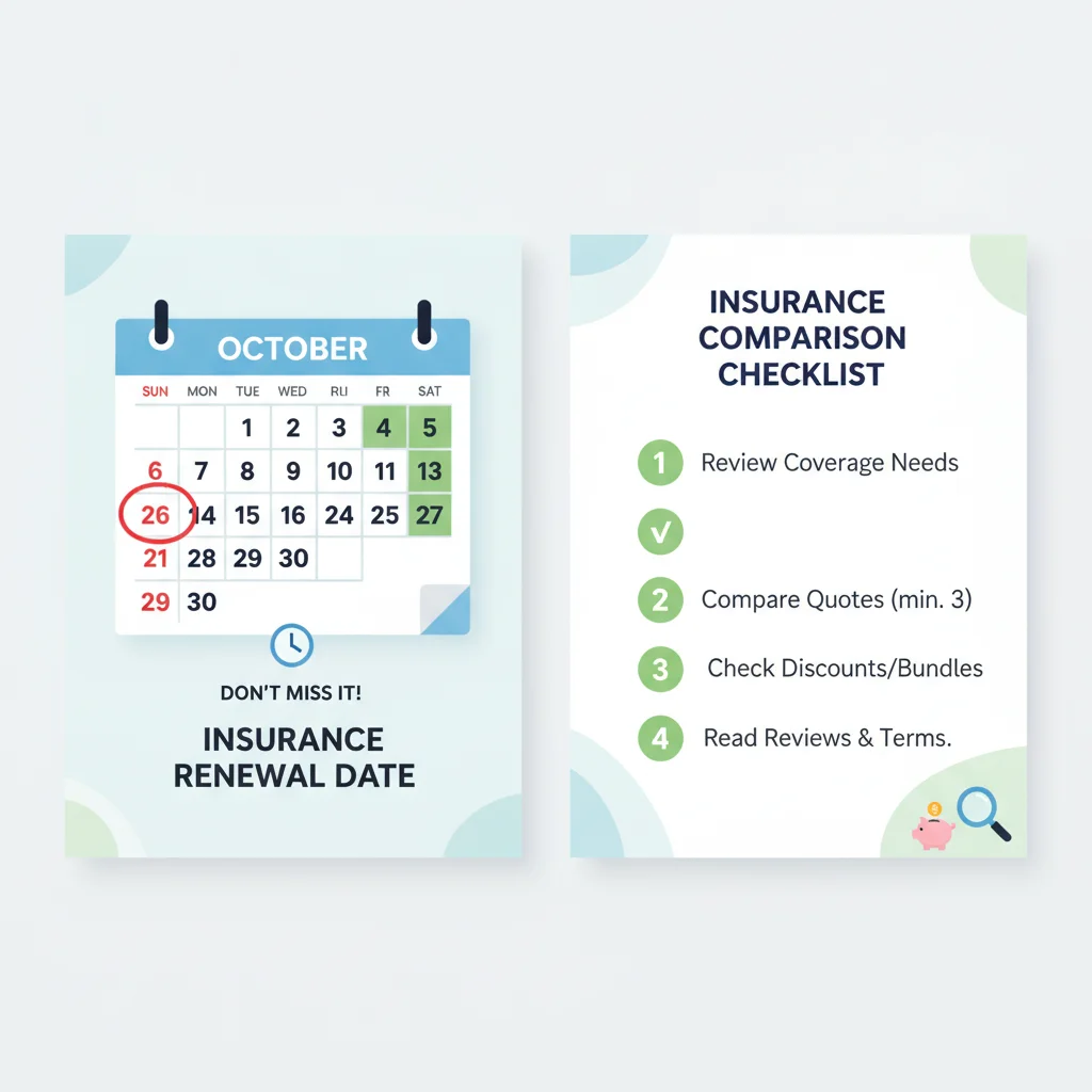 A calendar with a renewal date circled next to an insurance comparison checklist.