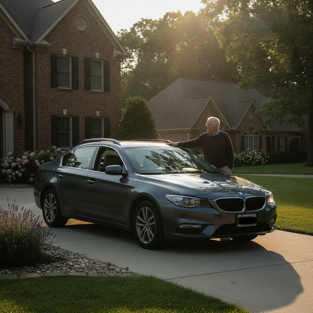 A car parked in a suburban driveway with a silhouette of a driver nearby suggesting low mileage usage.