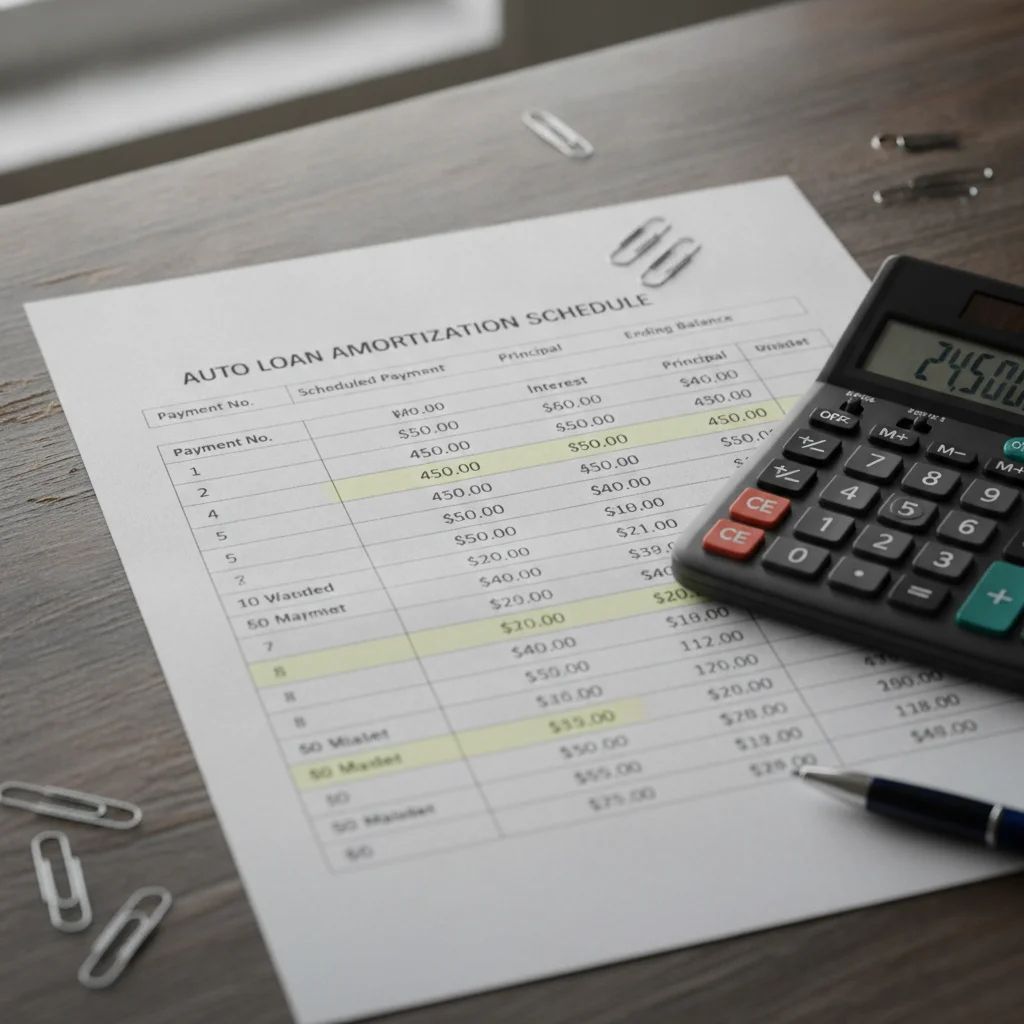 Printed auto loan amortization schedule showing early high-interest payments and later high-principal payments
