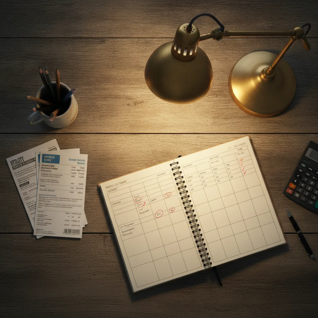 Open monthly budget planner with recurring extra car payment entries circled on a desk