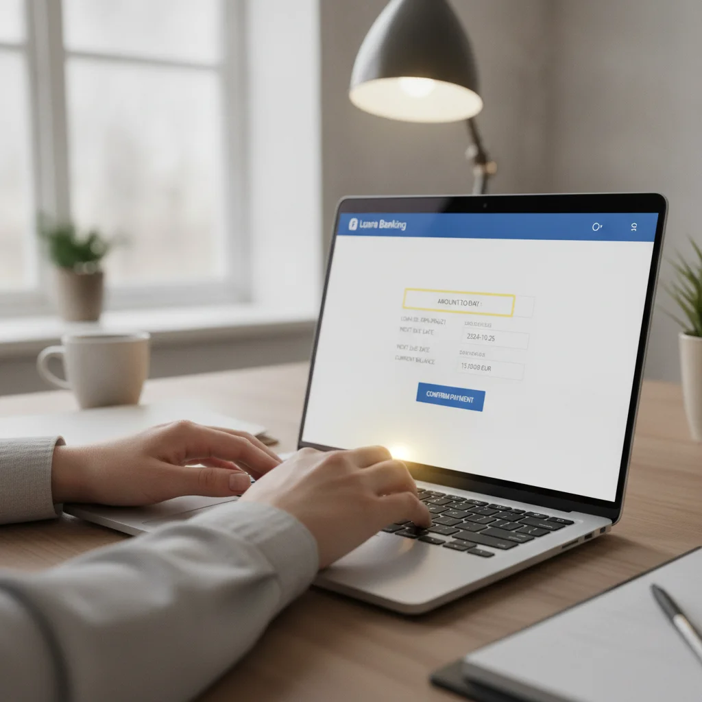 Hands typing on a laptop showing an online banking loan payment screen with principal-only field highlighted