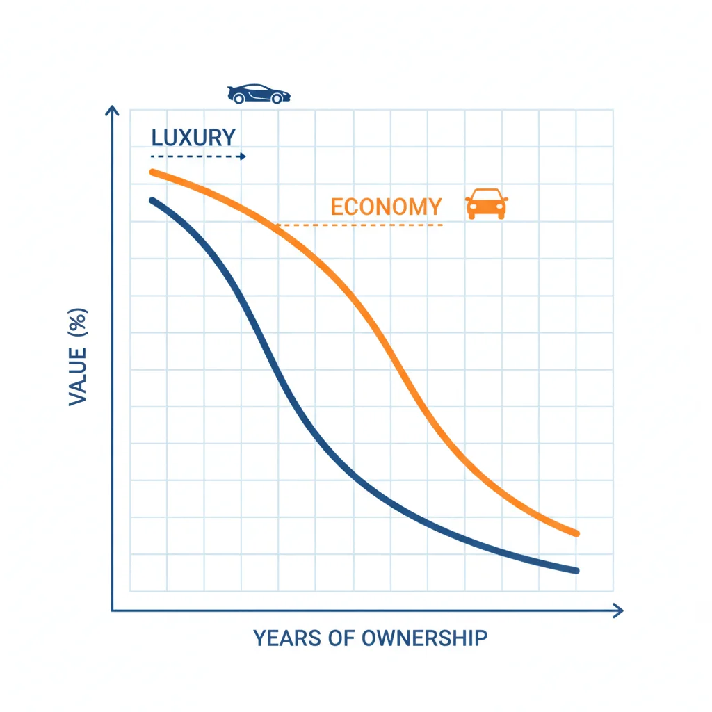 Graph showing two depreciation curves — luxury cars dropping steeply versus economy cars declining gradually over five years