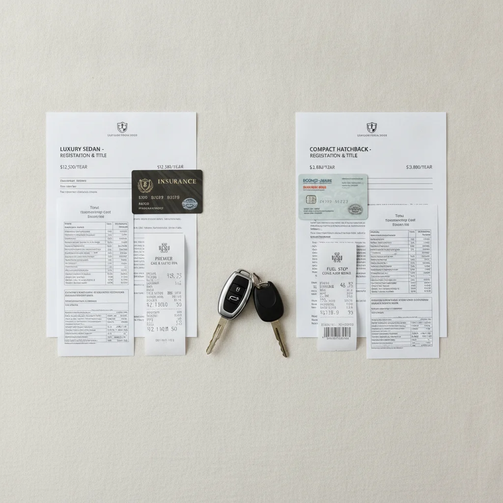Overhead view of ownership cost documents for a luxury car and an economy car placed side by side
