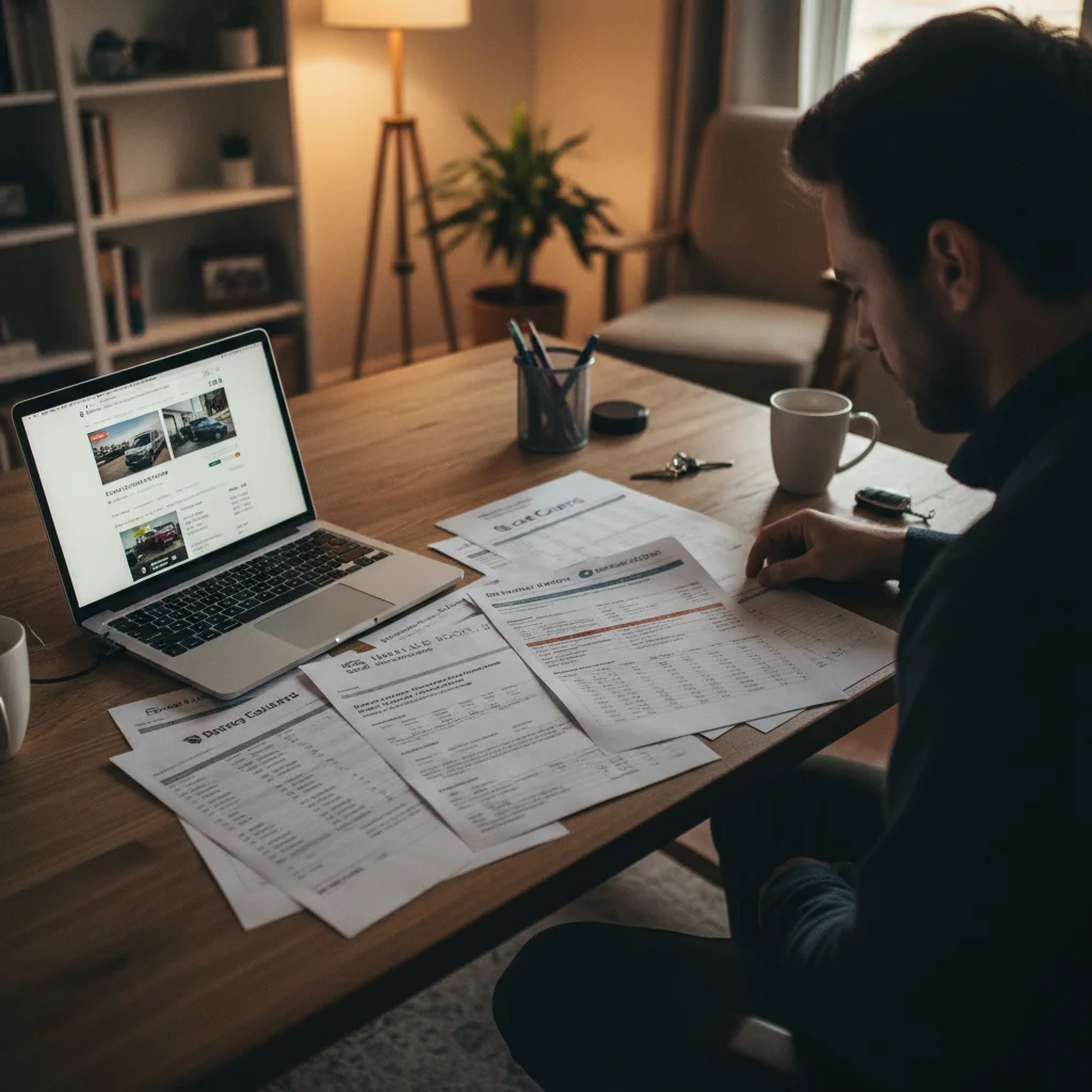 Person reviewing printed vehicle valuation reports and comparing car listings on a laptop computer