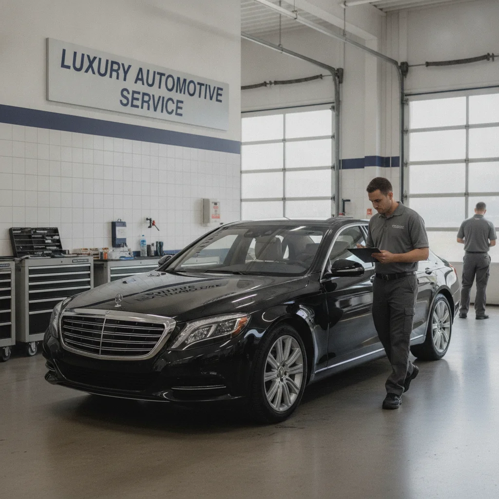 A technician inspecting an off-lease luxury sedan being returned to a dealership for CPO certification