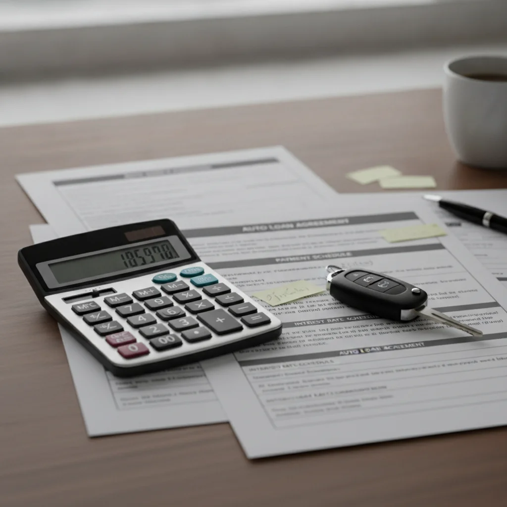 Auto loan documents, calculator, and car keys on a desk representing CPO vehicle financing comparison