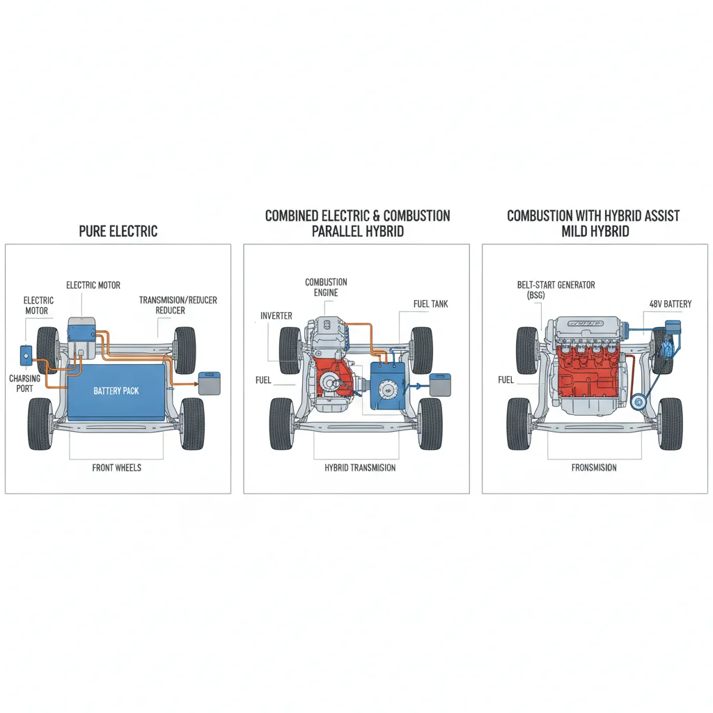 Diagram showing the powertrain layout differences between a BEV, PHEV, and HEV side by side.