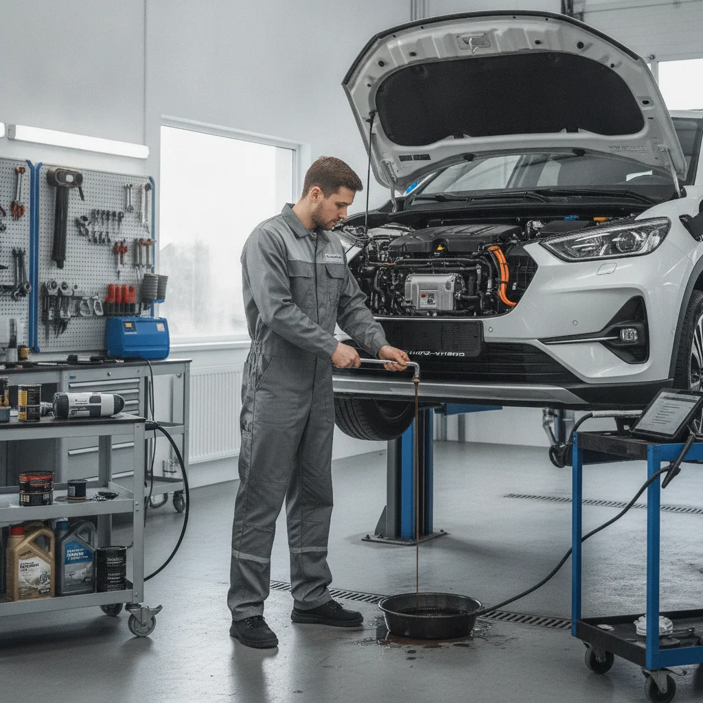 Technician performing maintenance on a PHEV showing both electric motor and combustion engine components.