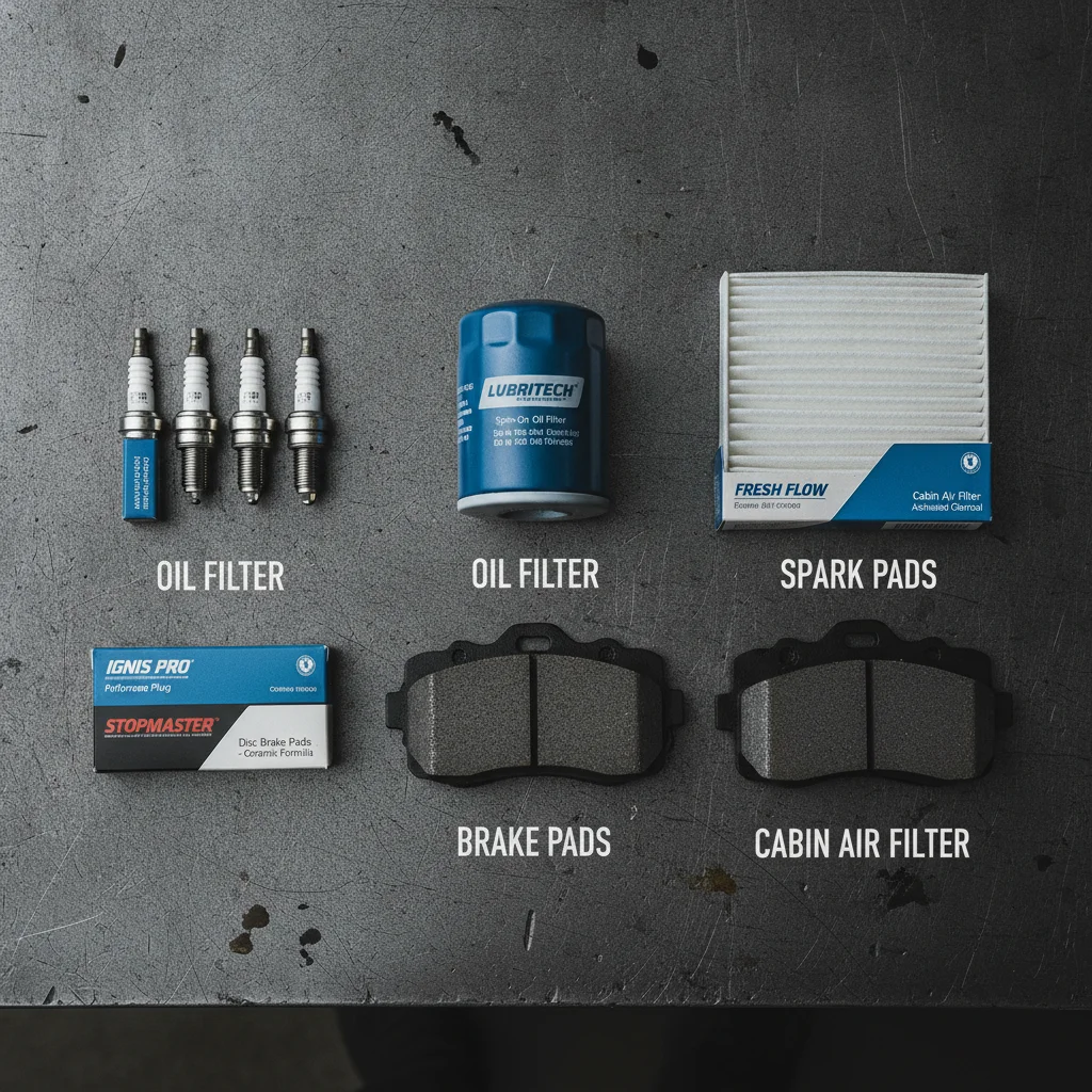 Common car maintenance items including oil filter, spark plugs, brake pads, and cabin air filter laid out flat.