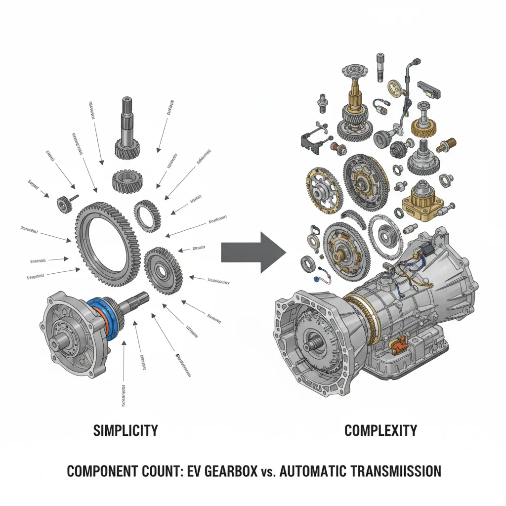 Exploded diagram comparing a simple single-speed EV gearbox to a complex multi-speed automatic transmission.