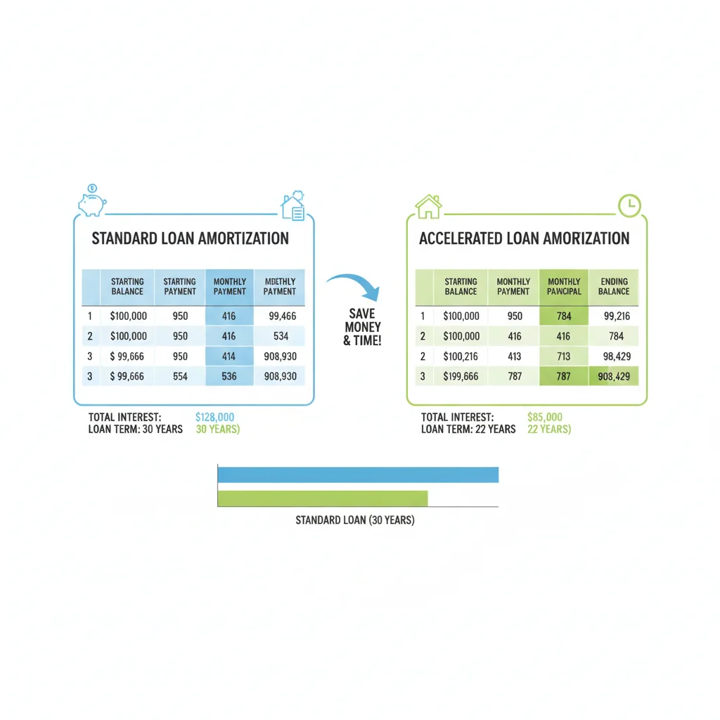A diagram comparing a standard auto loan amortization schedule to an accelerated one with principal-only payments applied