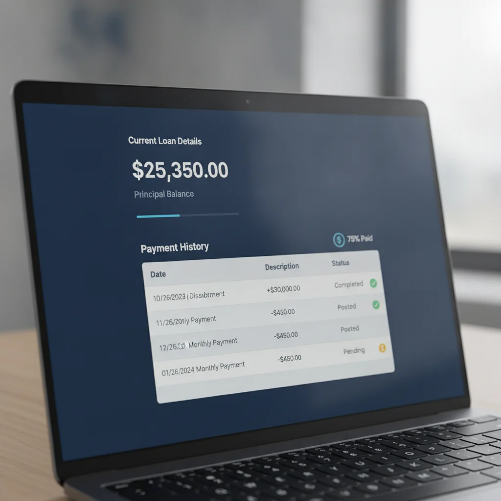 A laptop screen showing an online auto loan account dashboard with principal balance and payment history visible