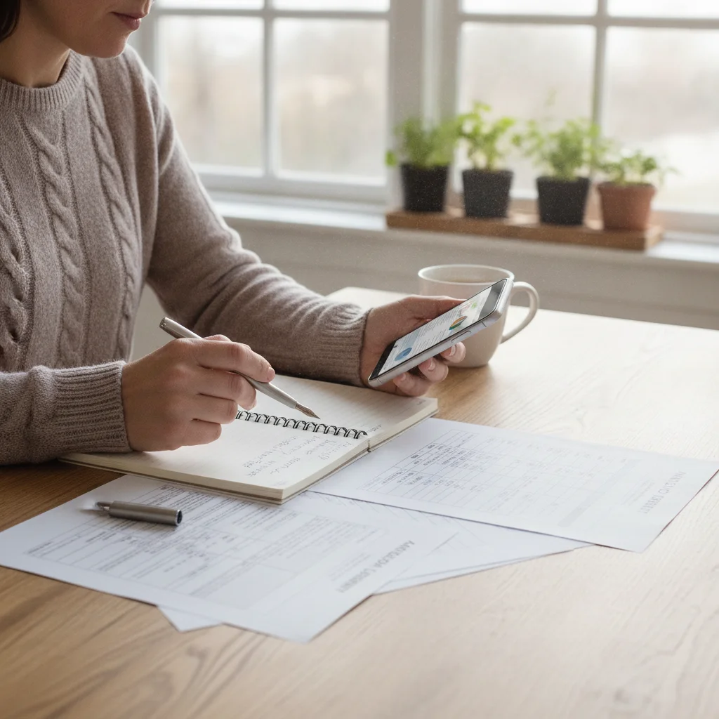 A person reviewing auto loan documents and a notebook budget at a kitchen table in natural light