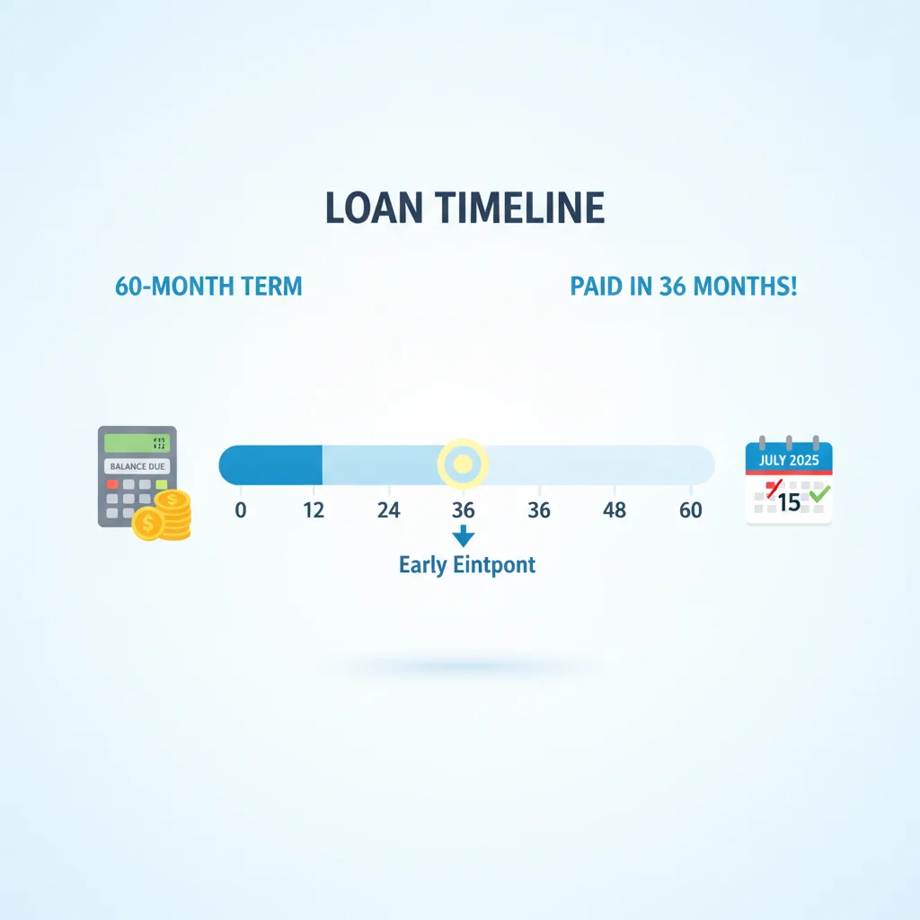 A loan timeline illustration showing early payoff endpoint highlighted on a 60-month bar chart