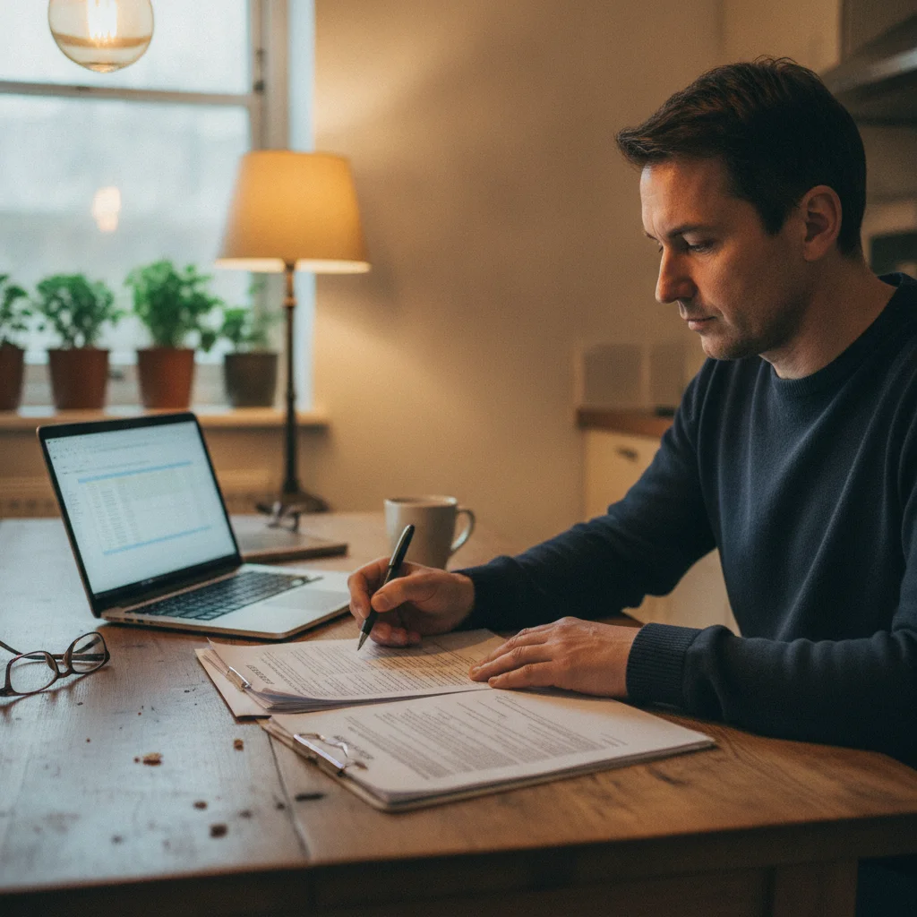 A person carefully reviewing an auto loan contract document before making extra payments