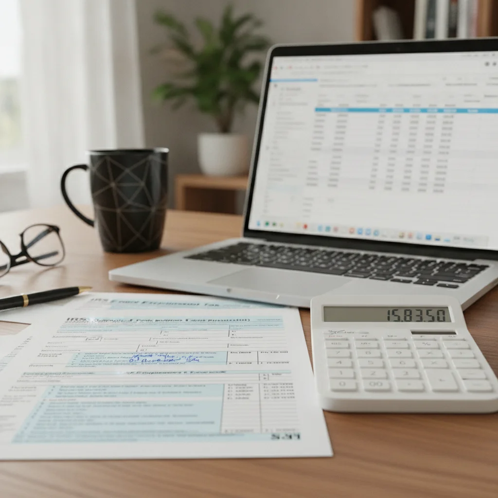 Schedule C tax form and calculator on a desk representing self-employment income calculations for EV credit