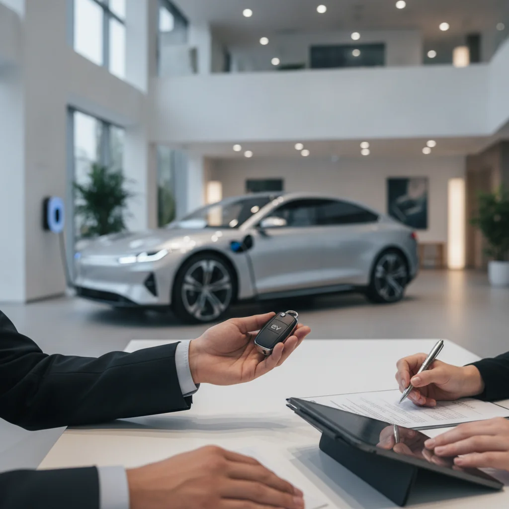 Car buyer signing paperwork at an EV dealership showroom with electric vehicle visible in background