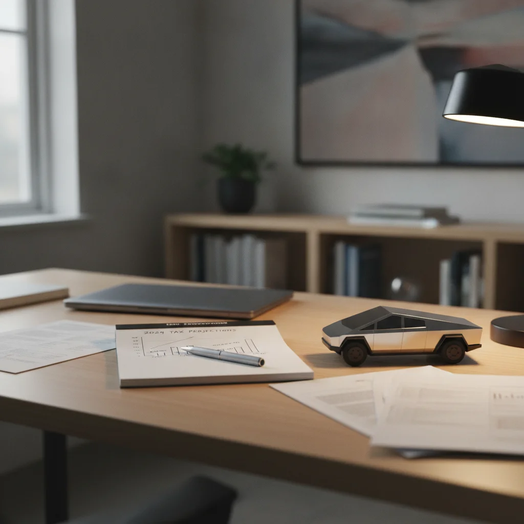 Tax planner's desk with financial projections notepad and small electric vehicle model