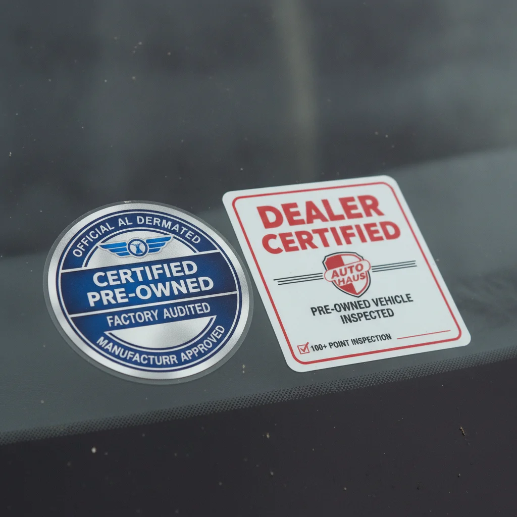 Close-up comparison of a manufacturer CPO badge and a dealer certification sticker on a car windshield