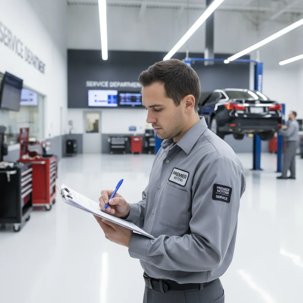 Automotive technician reviewing a detailed multi-point vehicle inspection checklist in a dealership service bay