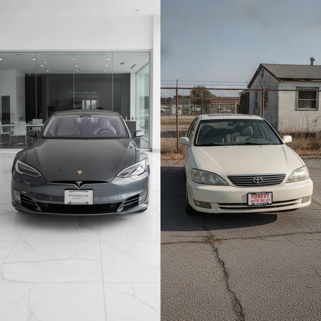 Side-by-side comparison of a manufacturer CPO luxury car and a dealer-certified used car at different dealership settings