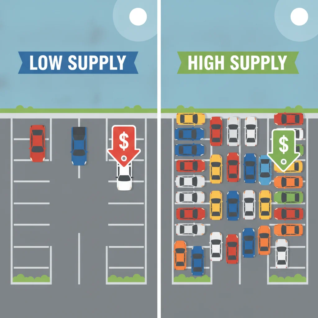 Split graphic comparing low supply car lot with rising price tag versus high supply lot with falling price tag